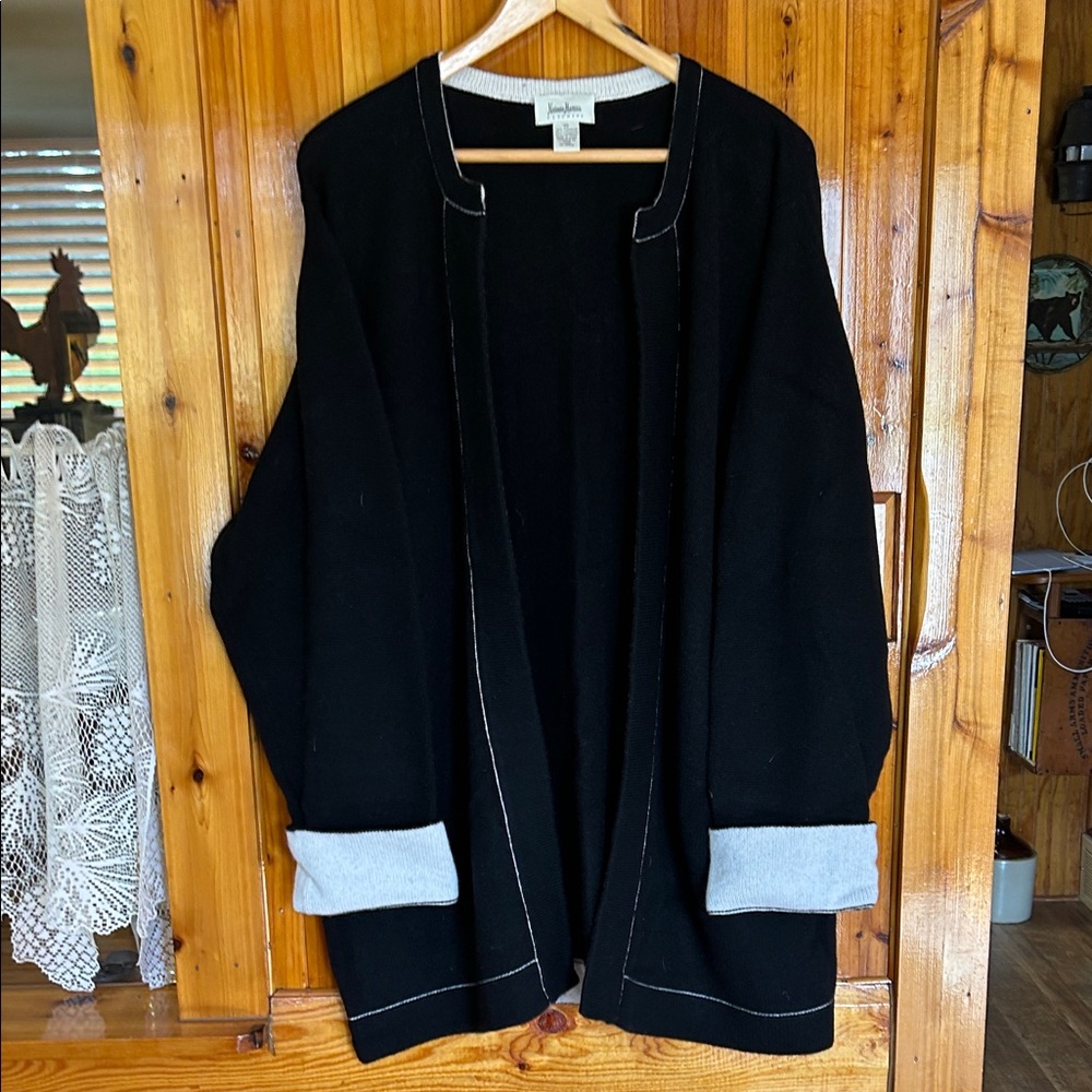 Women's Black Open Front Sweat Coat with White Cuffs